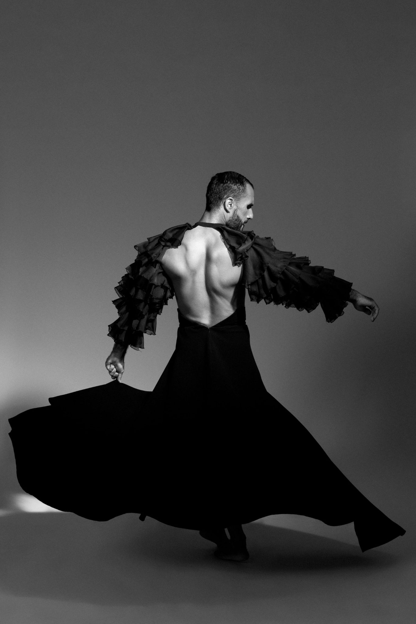 Black and white photo of Ramirez in black outfit